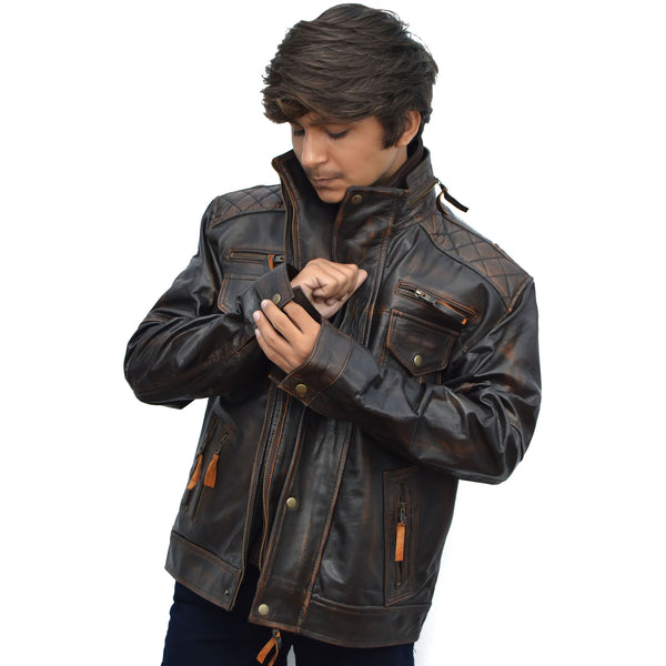 Abbraci Men’s Motorcycle Biker Slim Fit Vintage Distressed Brown Cafe Racer Real Leather Jacket