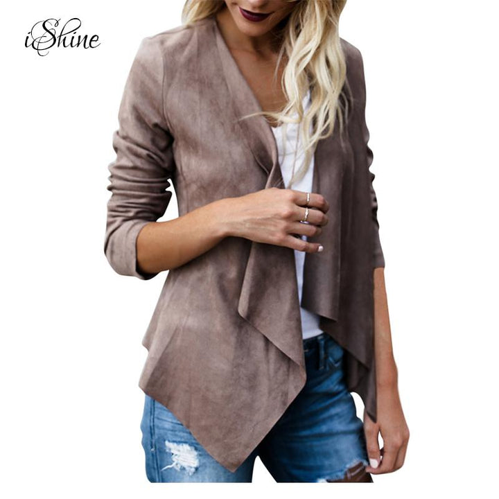 Fashion Women Irregular Faux Suede Leather Revers Coat - The Jacket Planet