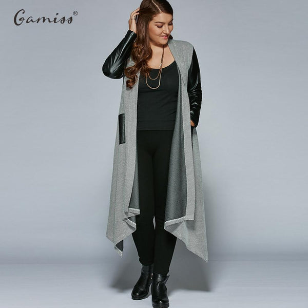 Gamiss Autumn Plus Size PU Leather Trim Longline Asymmetrical Coat Jacket