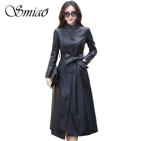 X-Long Single Breasted Spring Women Faux Leather Jacket